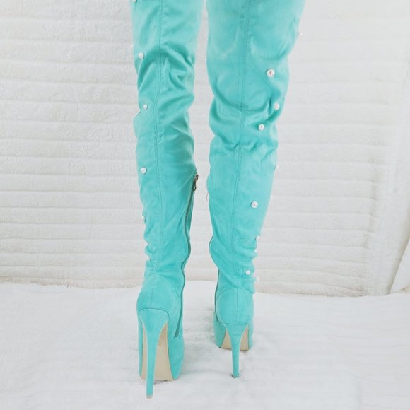 Mint Green Faux Stretch Suede Platform High Heel Thigh High Boots - Picture 9 of 16